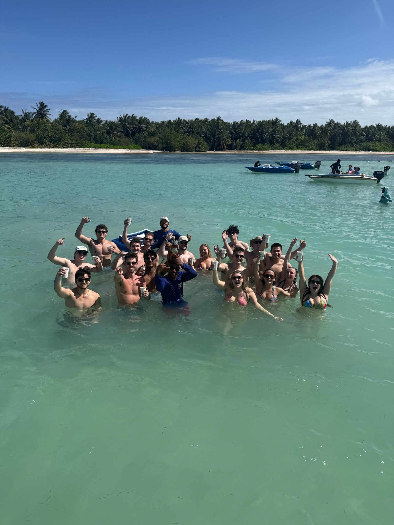 A big group of brothers and friends waving from turquoise water near a palm-lined island